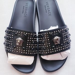 Versace Black Medusa Studded Slides, EU42, US9